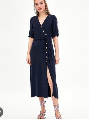 Zara Asymmetrical Button Front Dress Navy XS